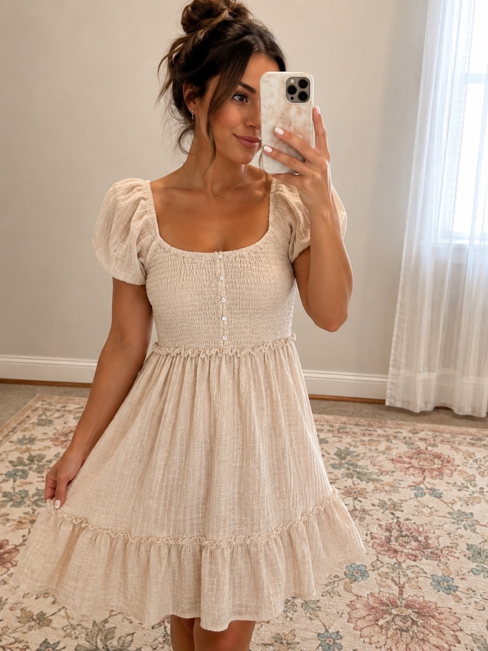 lovestitch Cream Smocked Puff-Sleeve Mini Dress